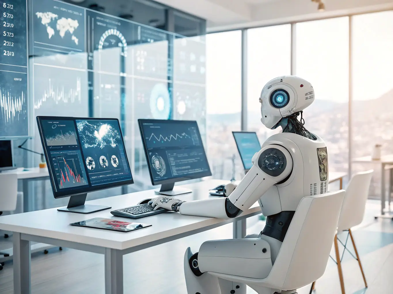 An illustration depicting a robot efficiently filling out job application forms on a computer, representing SubmitStudio's automated submission process.